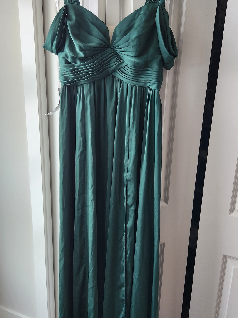 Azazie Lianne Dark Green A-Line Off the Shoulder Stretch Satin Dress